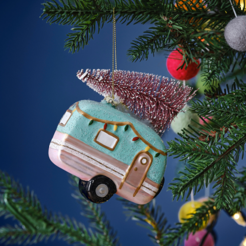 Weihnachtsanhänger mit Wohnwagen mit Weihnachtsbaum Merry and Bright