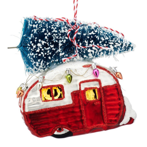Weihnachtsaufhänger roter Wohnwagen mit Weihnachtsbaum