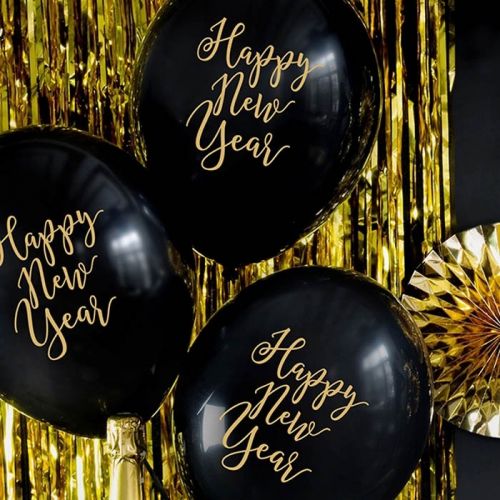 Ballons Happy New Year schwarz und gold (6 Stück)