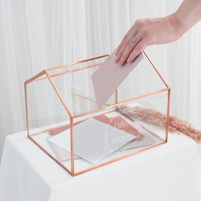 Personalisierte Glasumschlagbox Haus mit Kranz