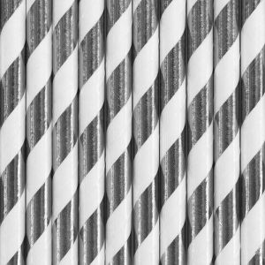 Papierstrohhalme Stripes silber-weiß (10 Stück)
