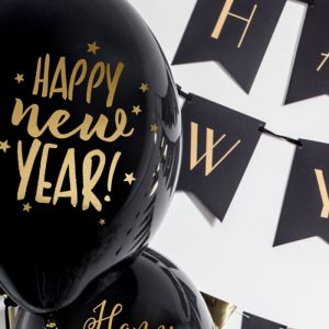 Schwarze Happy New Year-Luftballons (6 Stück) Sterne
