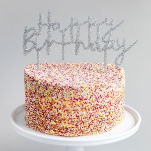Silberner Kuchenaufsatz aus Acryl Happy Birthday Hootyballoo