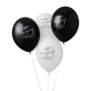 Ballonnen Happy Birthday Script zwart-wit (6st)